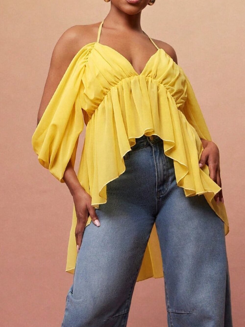 Yellow Casual Women's Chiffon Off Shoulder Sleeve Asymmetrical Peplum Top - Picture 4 of 5